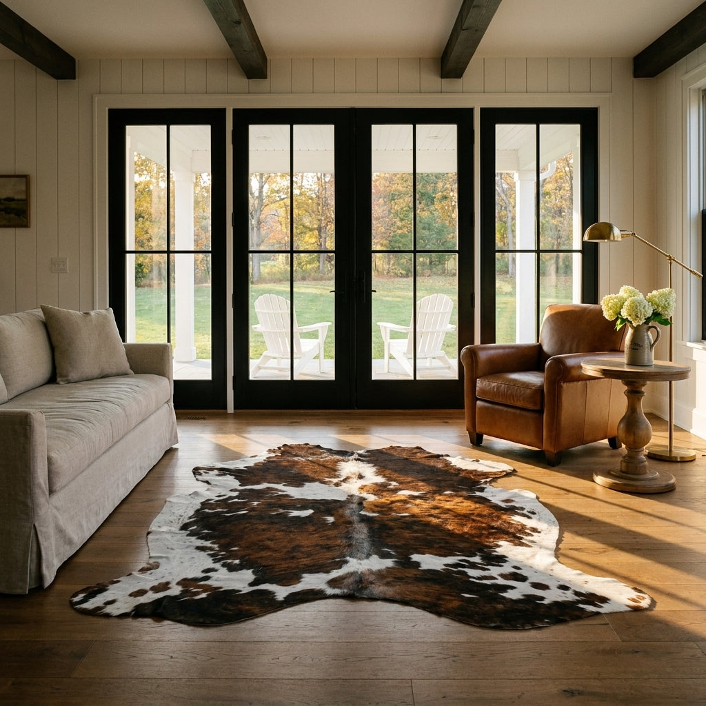 Tricolor cowhide rug CH-009 in a modern farmhouse living room with shiplap walls, black French doors to a porch, linen sofa and leather armchair