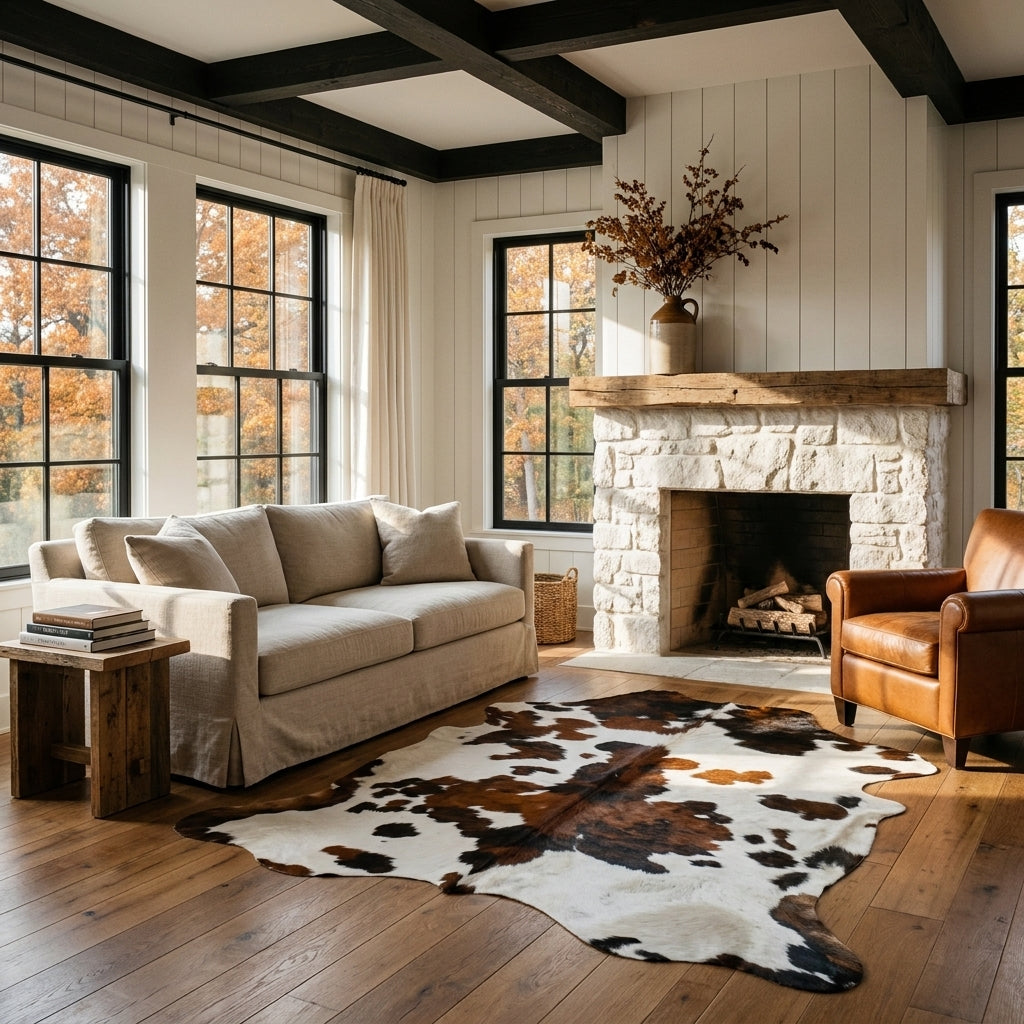 Tricolor cowhide rug CH-083 in a modern farmhouse living room by a whitewashed stone fireplace, with a linen sofa and leather armchair