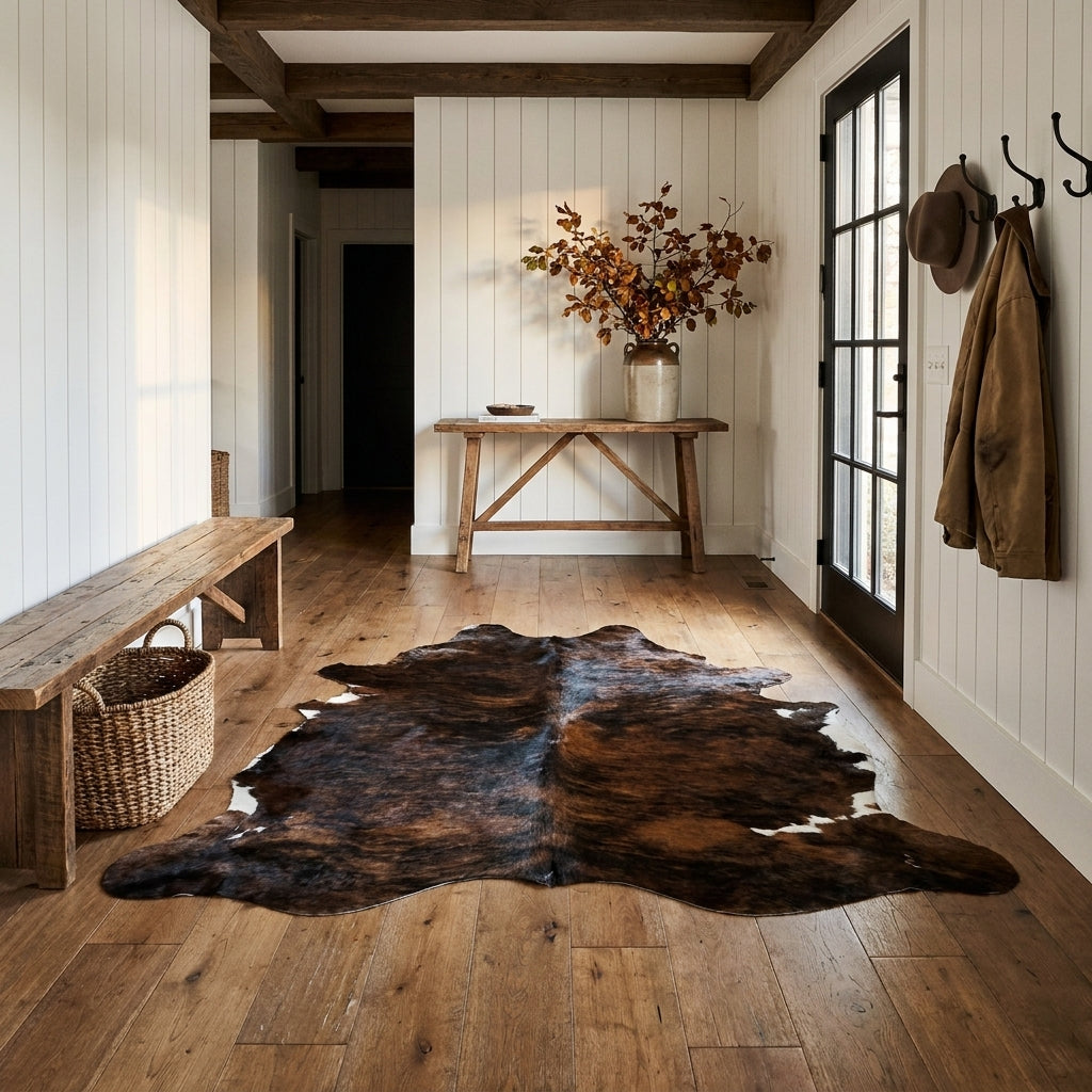 Tricolor cowhide rug CH-093 in a modern farmhouse entry hall with shiplap walls, a black front door, wooden bench and coat hooks