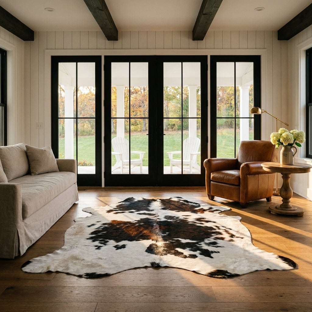 Tricolor cowhide rug CH-064 in a modern farmhouse living room with shiplap walls, black French doors to a porch, linen sofa and leather armchair