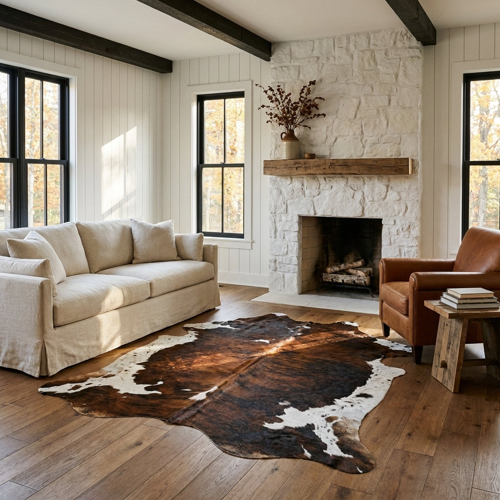Tricolor cowhide rug CH-015 in a modern farmhouse living room by a whitewashed stone fireplace, with a linen sofa and leather armchair