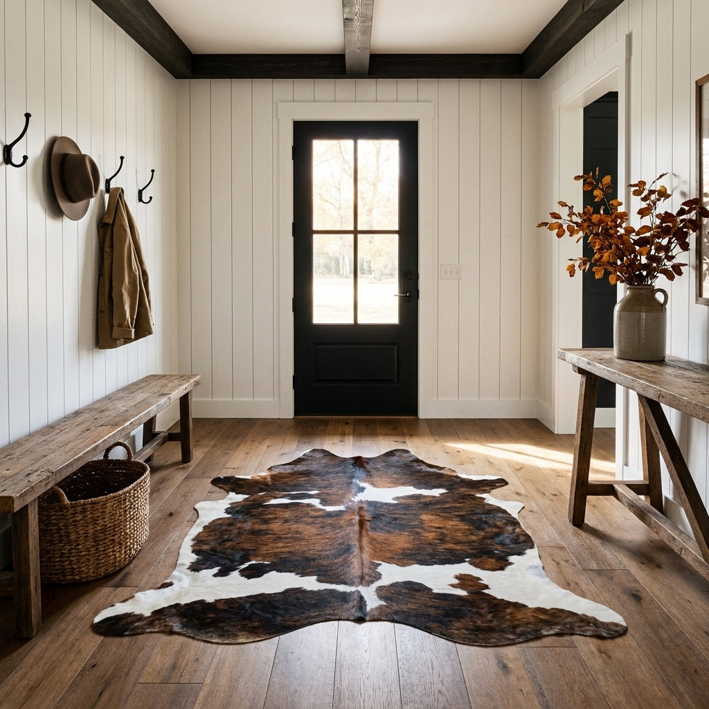 Tricolor cowhide rug CH-071 in a modern farmhouse entry hall with shiplap walls, a black front door, wooden bench and coat hooks