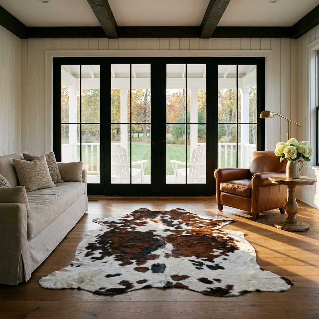 Tricolor cowhide rug CH-069 in a modern farmhouse living room with shiplap walls, black French doors to a porch, linen sofa and leather armchair