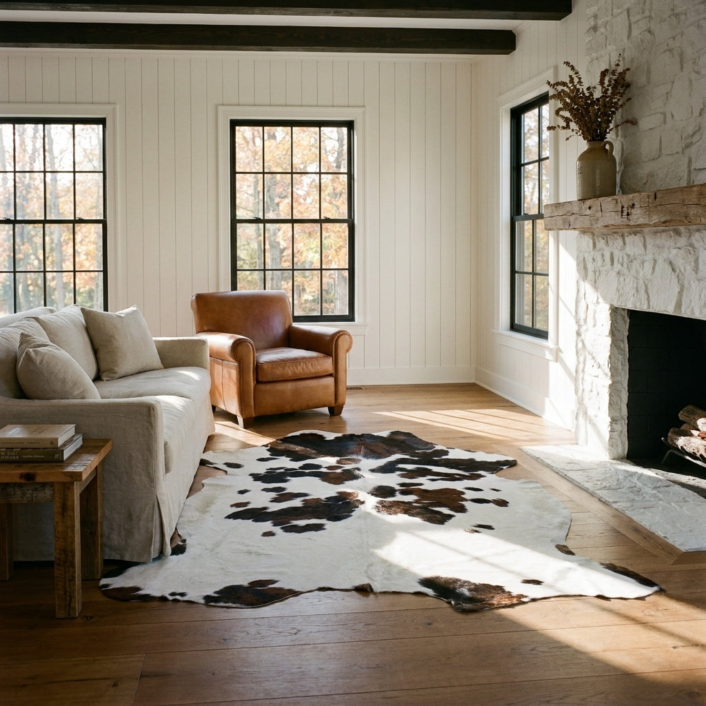 Tricolor cowhide rug CH-078 in a modern farmhouse living room by a whitewashed stone fireplace, with a linen sofa and leather armchair