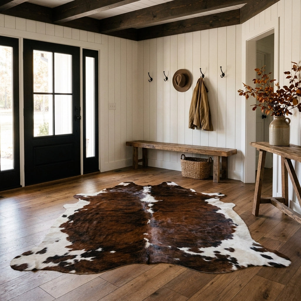 Tricolor cowhide rug CH-051 in a modern farmhouse entry hall with shiplap walls, a black front door, wooden bench and coat hooks