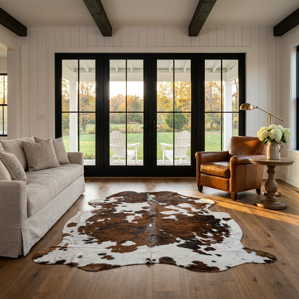Tricolor cowhide rug CH-011 in a modern farmhouse living room with shiplap walls, black French doors to a porch, linen sofa and leather armchair