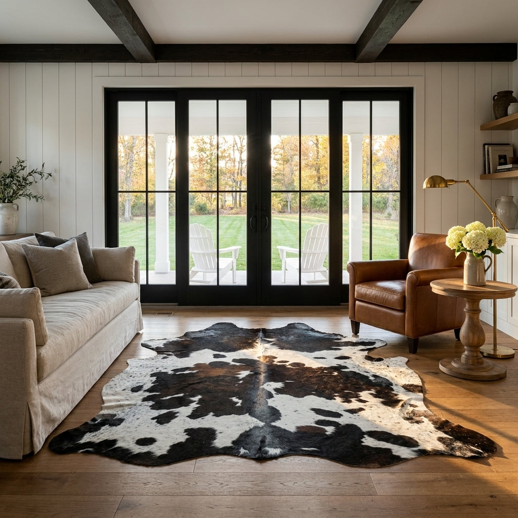 Tricolor cowhide rug CH-027 in a modern farmhouse living room with shiplap walls, black French doors to a porch, linen sofa and leather armchair