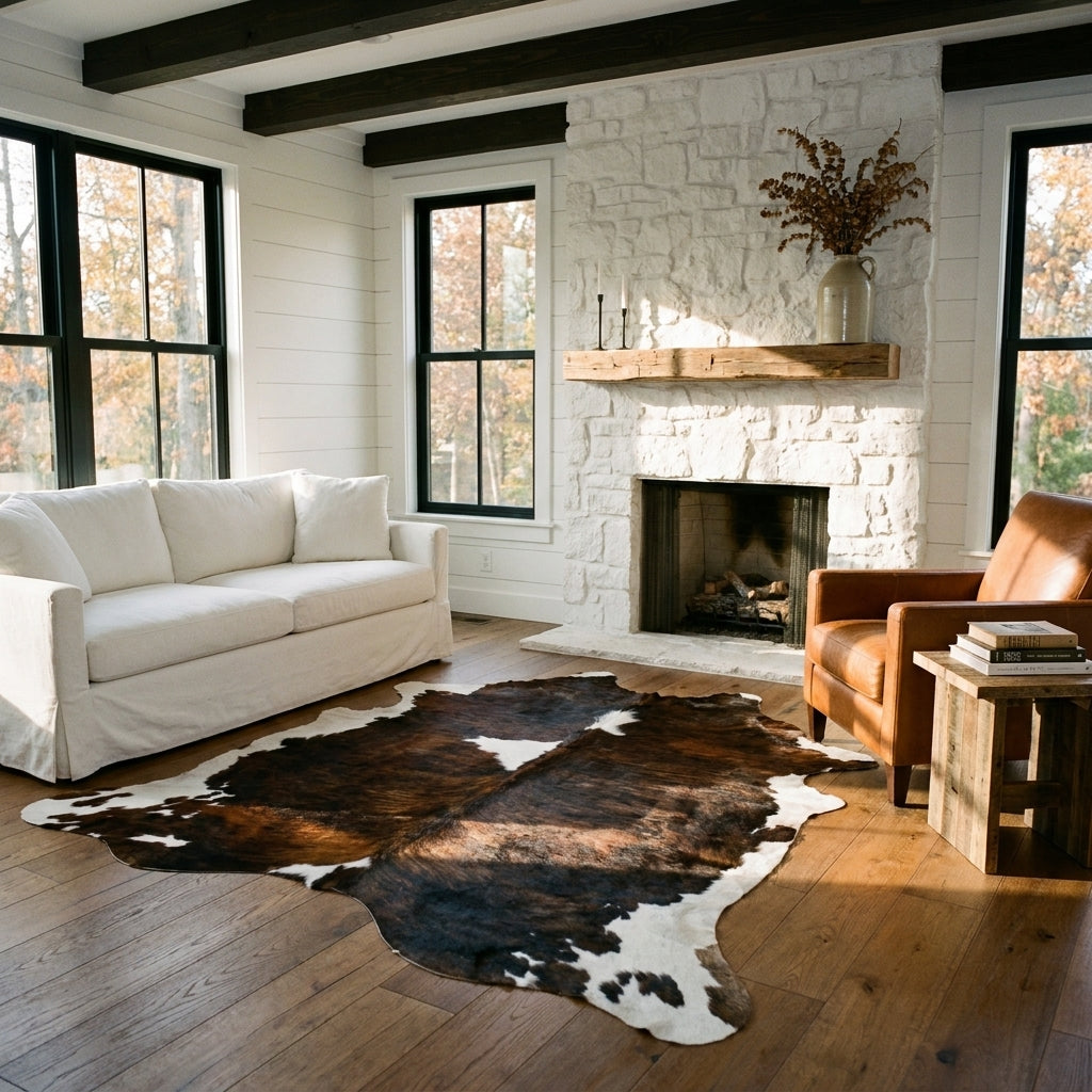Tricolor cowhide rug CH-097 in a modern farmhouse living room by a whitewashed stone fireplace, with a linen sofa and leather armchair