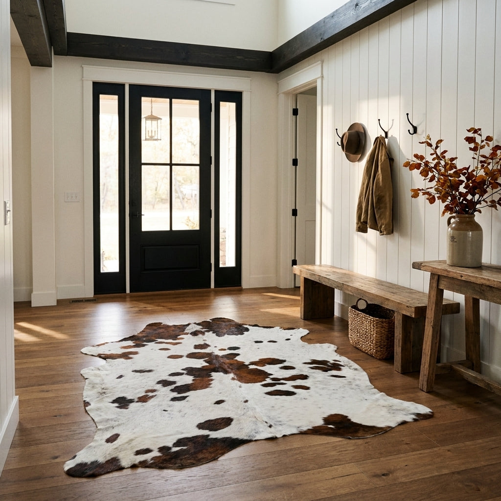 Tricolor cowhide rug CH-062 in a modern farmhouse entry hall with shiplap walls, a black front door, wooden bench and coat hooks