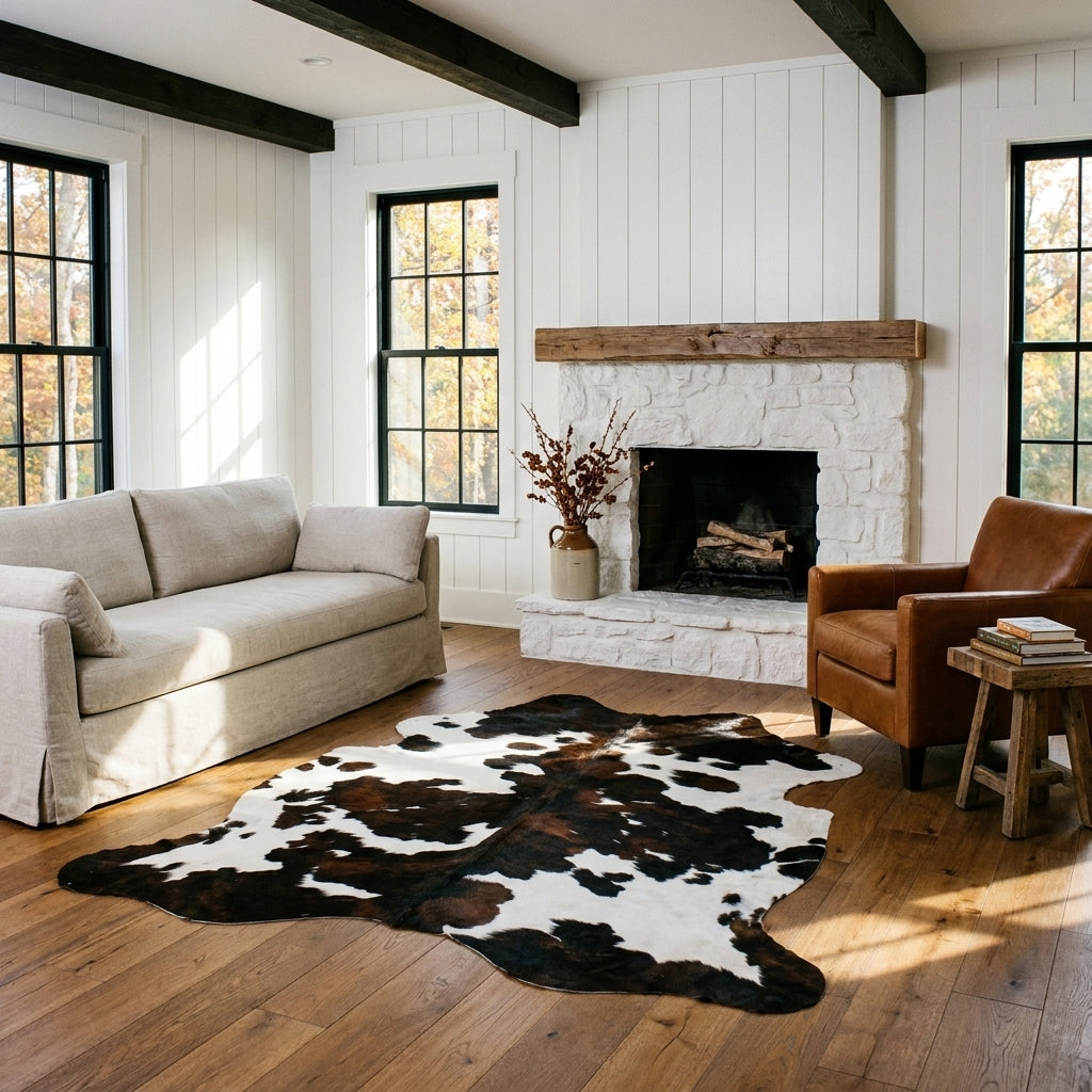 Tricolor cowhide rug CH-079 in a modern farmhouse living room by a whitewashed stone fireplace, with a linen sofa and leather armchair
