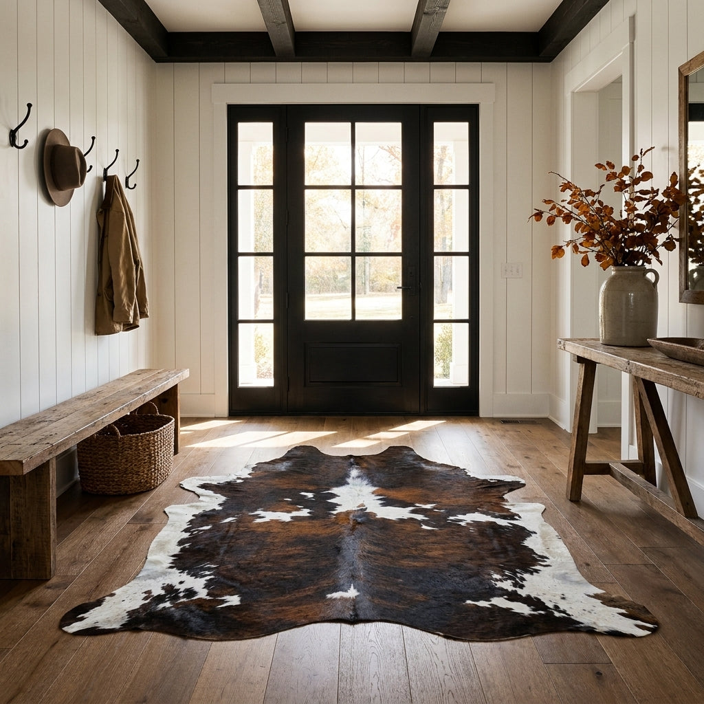 Tricolor cowhide rug CH-022 in a modern farmhouse entry hall with shiplap walls, a black front door, wooden bench and coat hooks