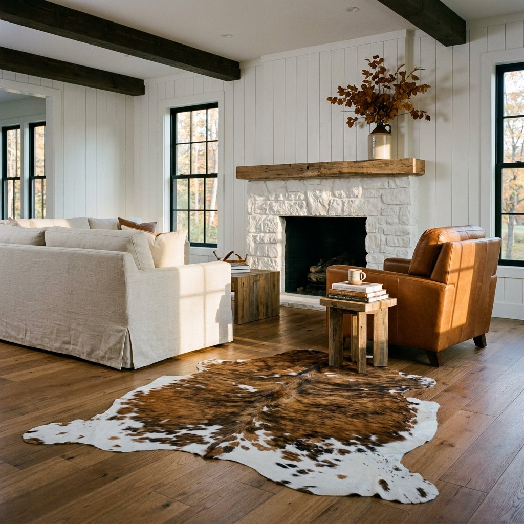 Tricolor cowhide rug CH-005 in a modern farmhouse living room by a whitewashed stone fireplace, with a linen sofa and leather armchair