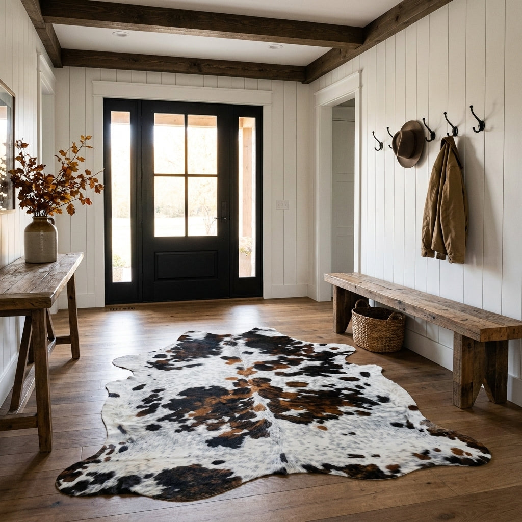 Tricolor cowhide rug CH-010 in a modern farmhouse entry hall with shiplap walls, a black front door, wooden bench and coat hooks