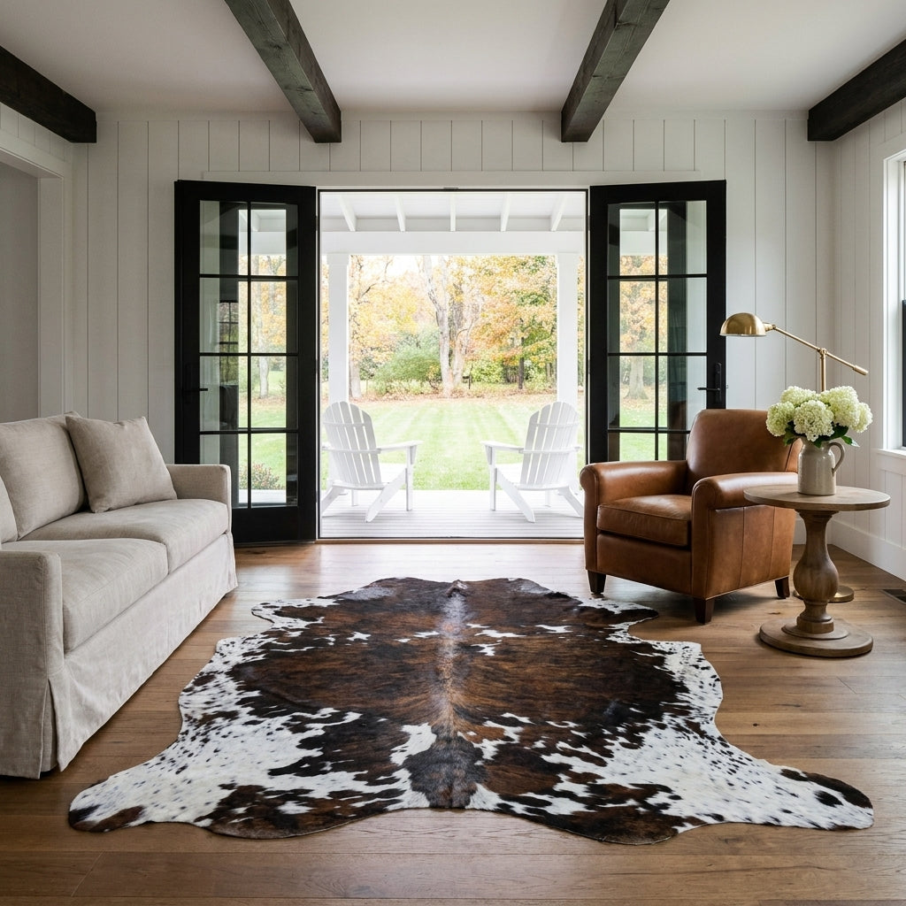 Tricolor cowhide rug CH-052 in a modern farmhouse living room with shiplap walls, black French doors to a porch, linen sofa and leather armchair