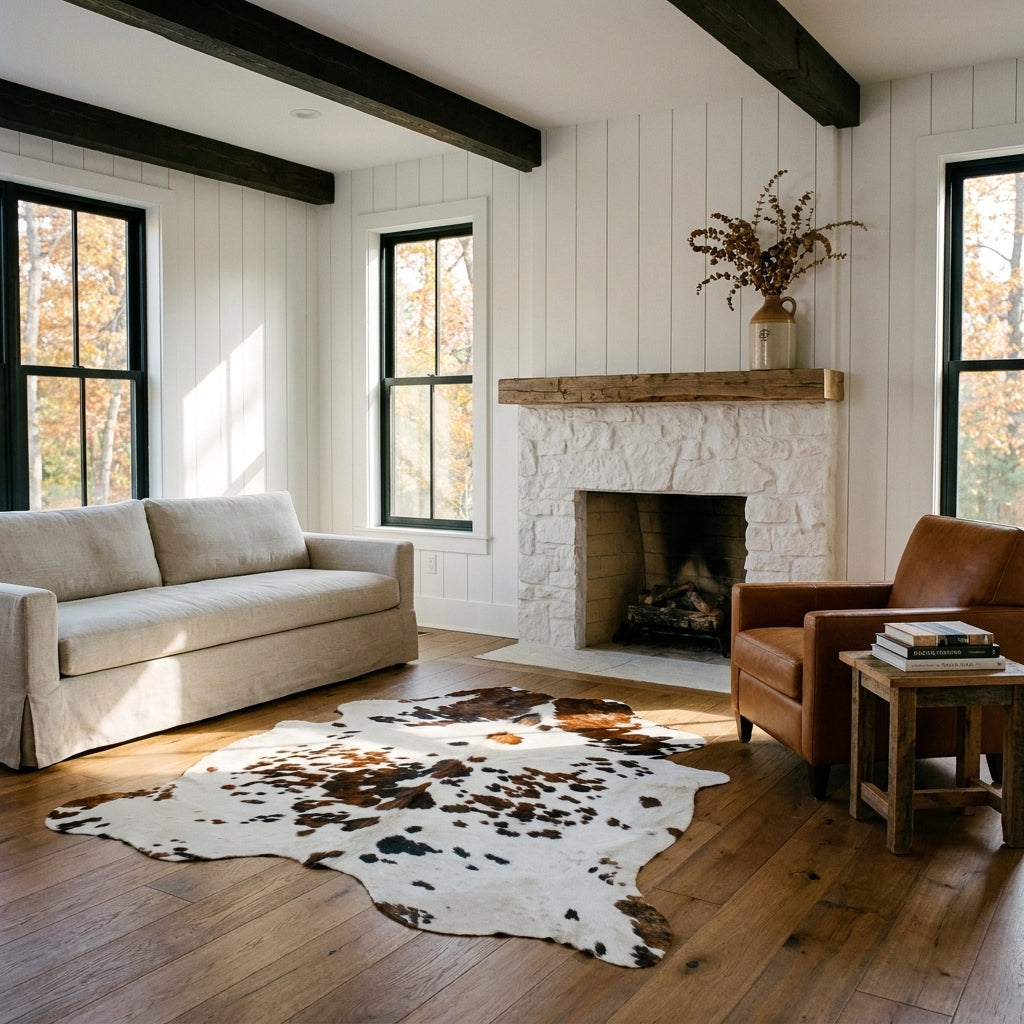 Tricolor cowhide rug CH-099 in a modern farmhouse living room by a whitewashed stone fireplace, with a linen sofa and leather armchair