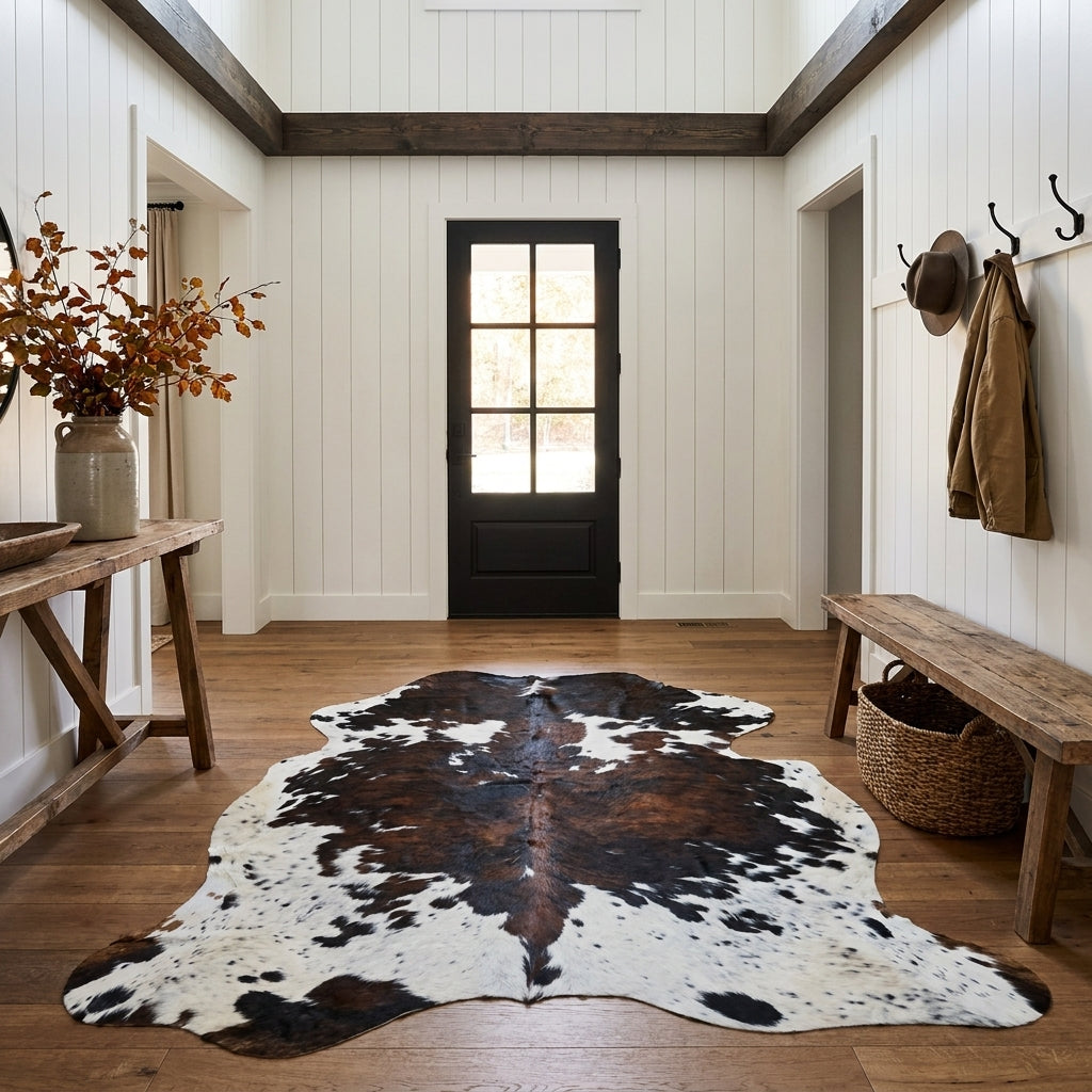 Tricolor cowhide rug CH-038 in a modern farmhouse entry hall with shiplap walls, a black front door, wooden bench and coat hooks