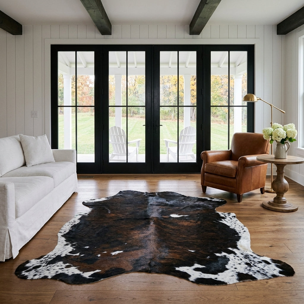 Tricolor cowhide rug CH-001 in a modern farmhouse living room with shiplap walls, black French doors to a porch, linen sofa and leather armchair
