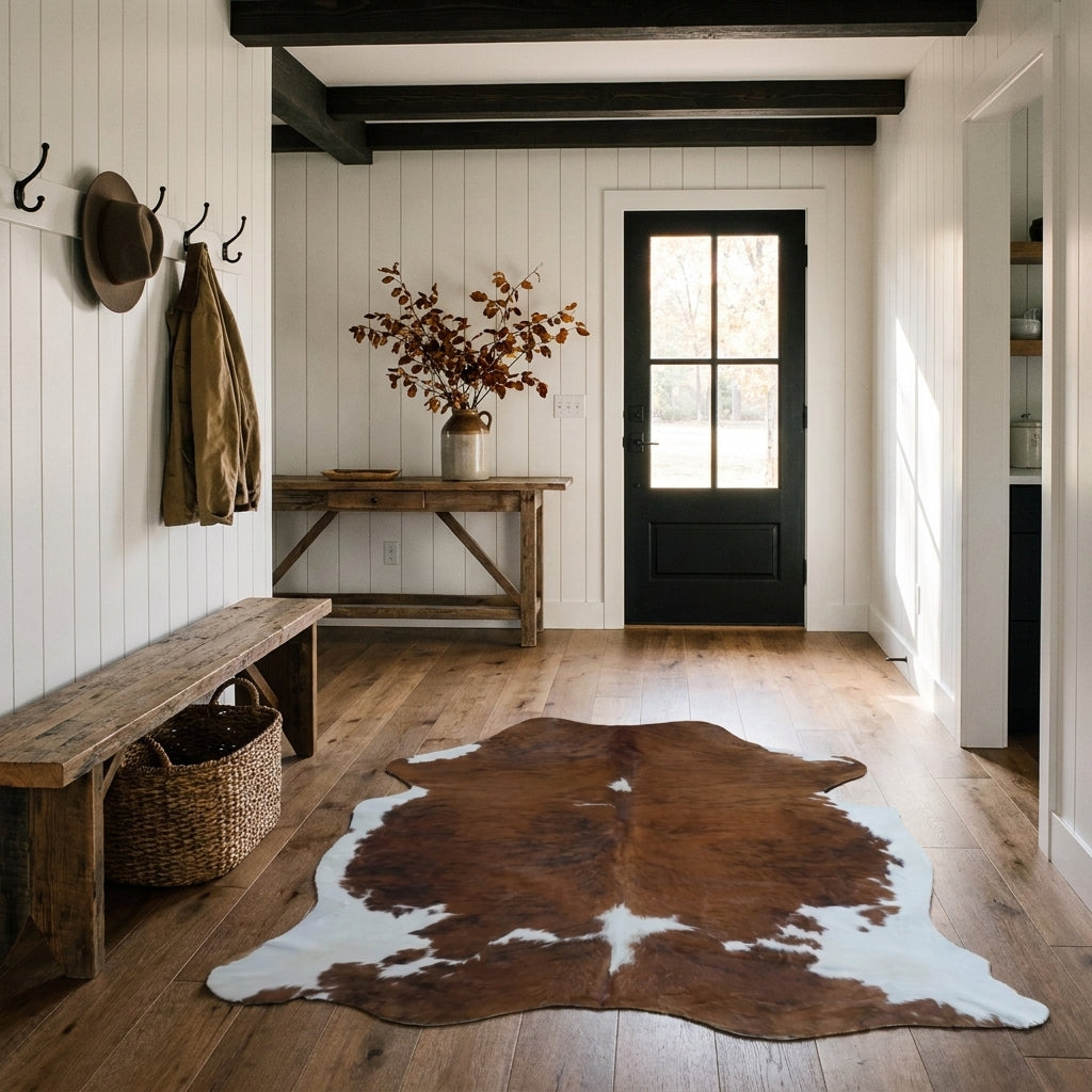 Tricolor cowhide rug CH-066 in a modern farmhouse entry hall with shiplap walls, a black front door, wooden bench and coat hooks