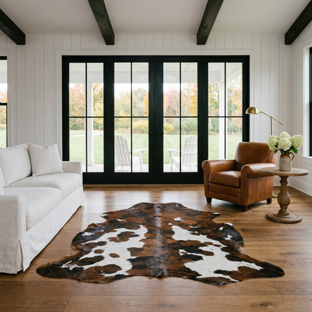 Tricolor cowhide rug CH-018 in a modern farmhouse living room with shiplap walls, black French doors to a porch, linen sofa and leather armchair
