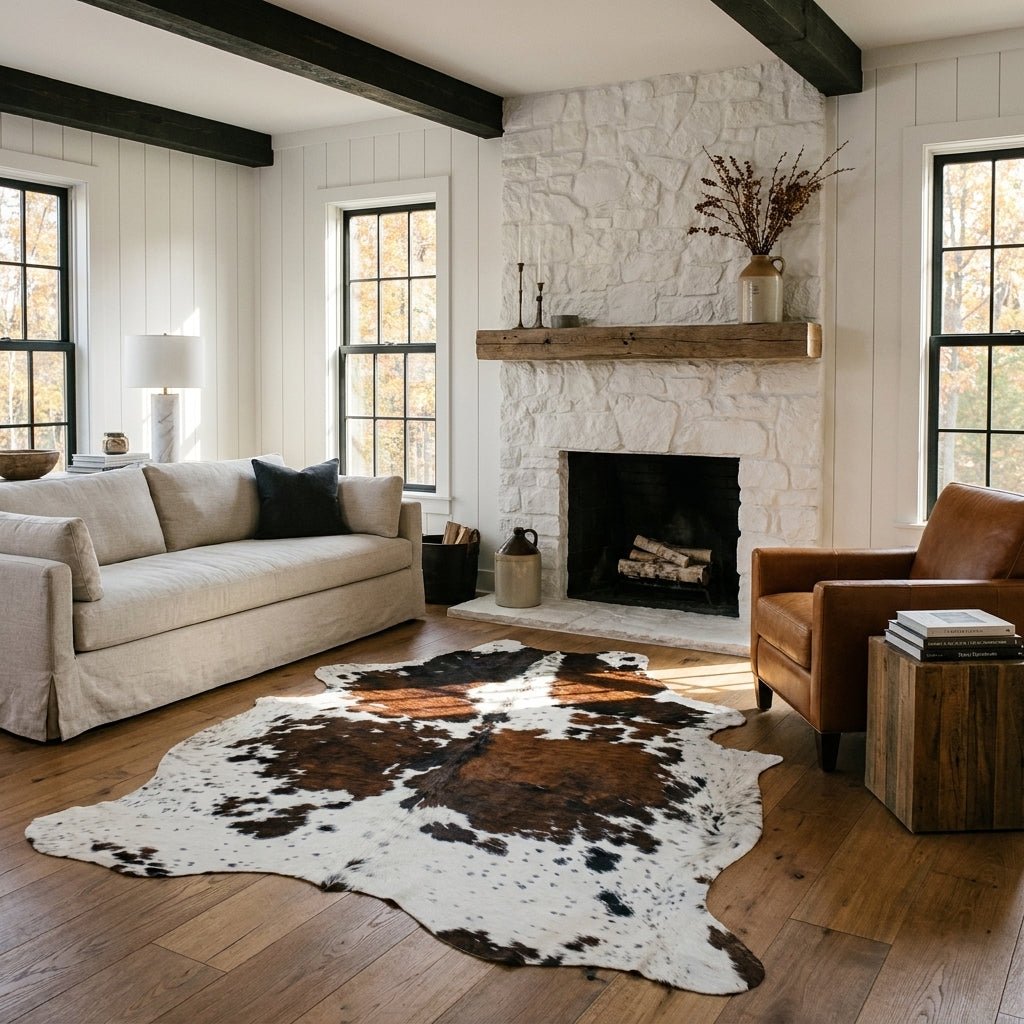 Tricolor cowhide rug CH-074 in a modern farmhouse living room by a whitewashed stone fireplace, with a linen sofa and leather armchair