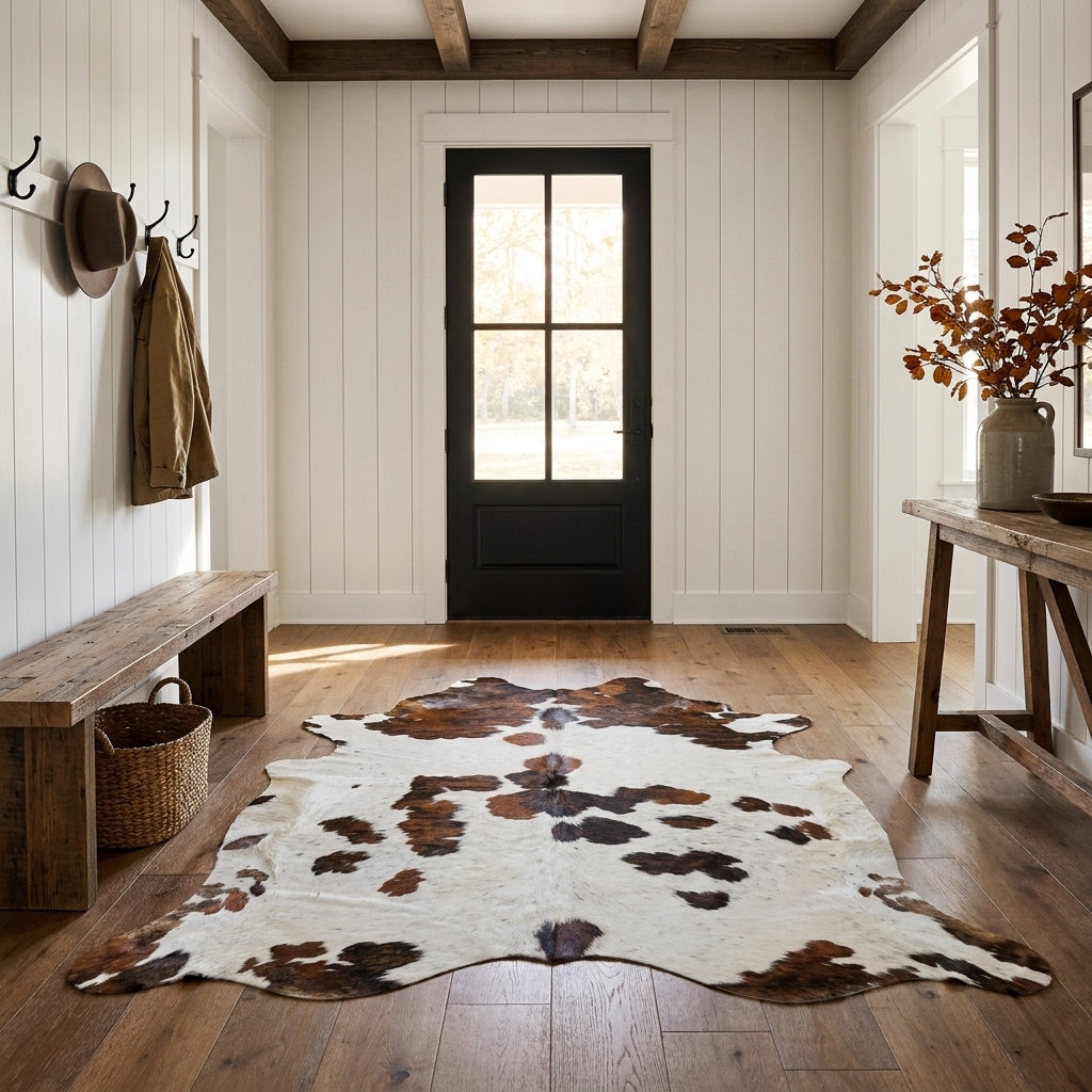 Tricolor cowhide rug CH-046 in a modern farmhouse entry hall with shiplap walls, a black front door, wooden bench and coat hooks