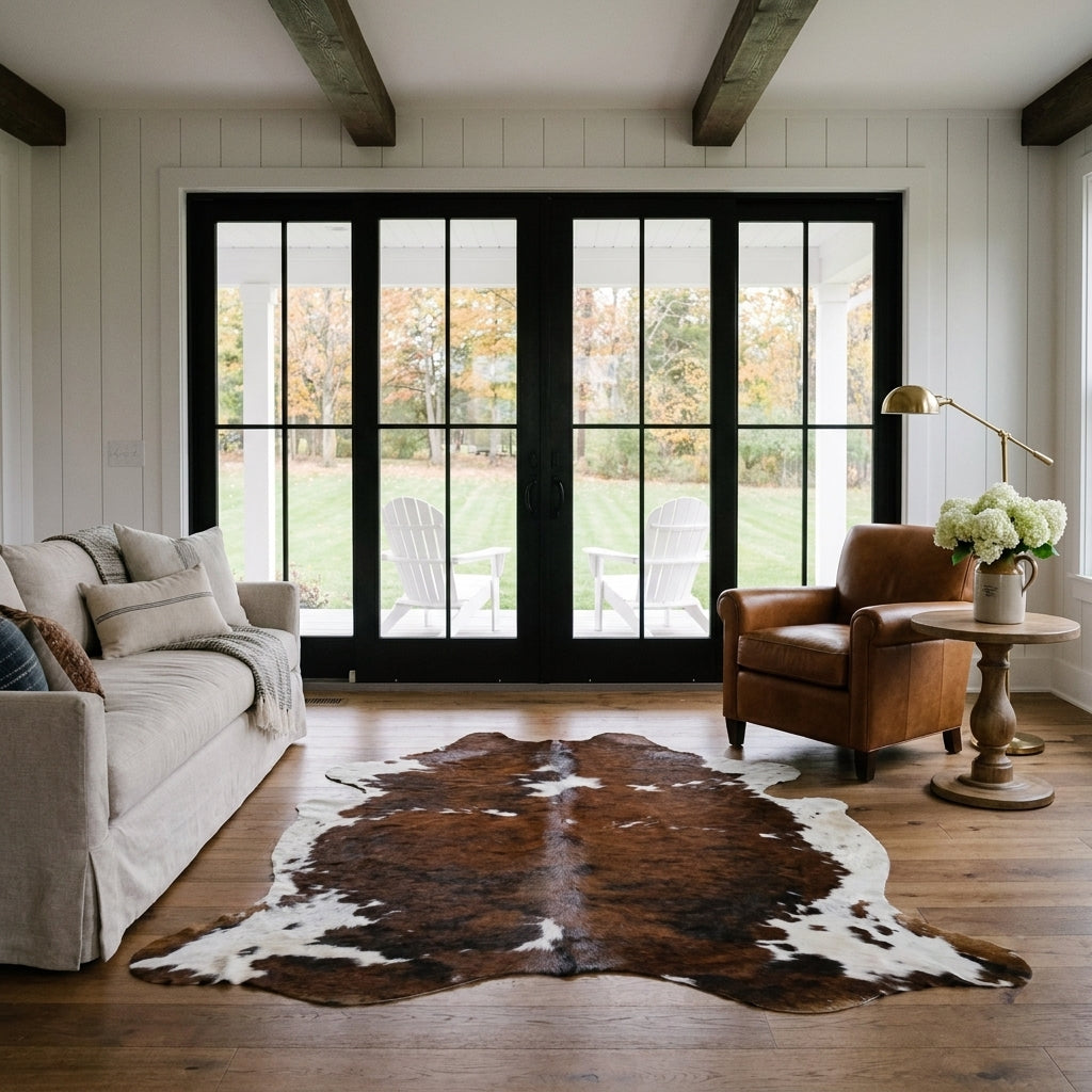 Tricolor cowhide rug CH-057 in a modern farmhouse living room with shiplap walls, black French doors to a porch, linen sofa and leather armchair
