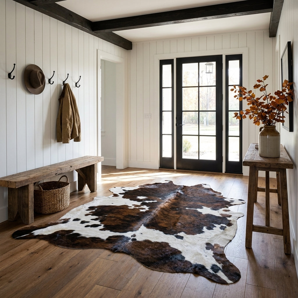 Tricolor cowhide rug CH-065 in a modern farmhouse entry hall with shiplap walls, a black front door, wooden bench and coat hooks