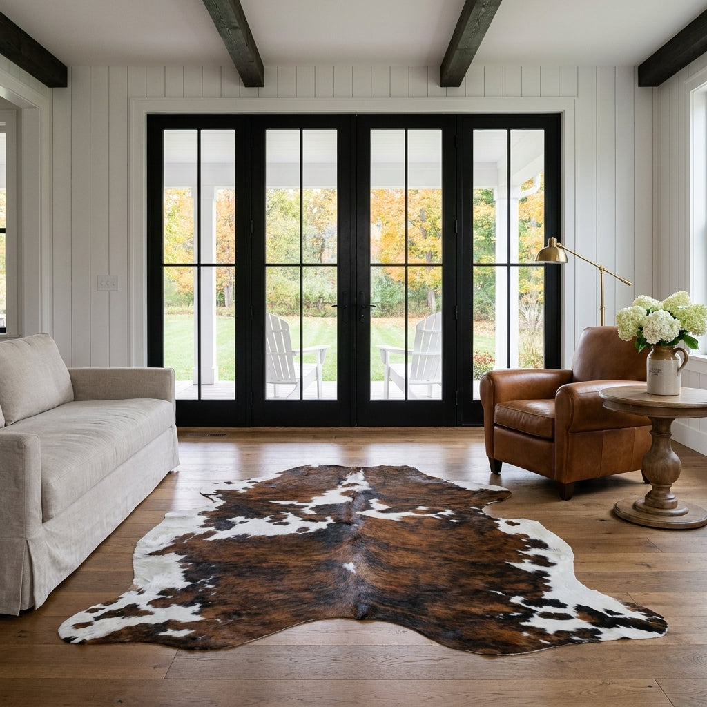 Tricolor cowhide rug CH-028 in a modern farmhouse living room with shiplap walls, black French doors to a porch, linen sofa and leather armchair