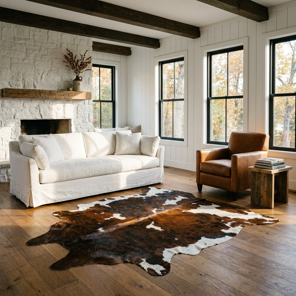 Tricolor cowhide rug CH-035 in a modern farmhouse living room by a whitewashed stone fireplace, with a linen sofa and leather armchair