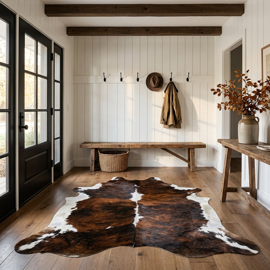 Tricolor cowhide rug CH-067 in a modern farmhouse entry hall with shiplap walls, a black front door, wooden bench and coat hooks