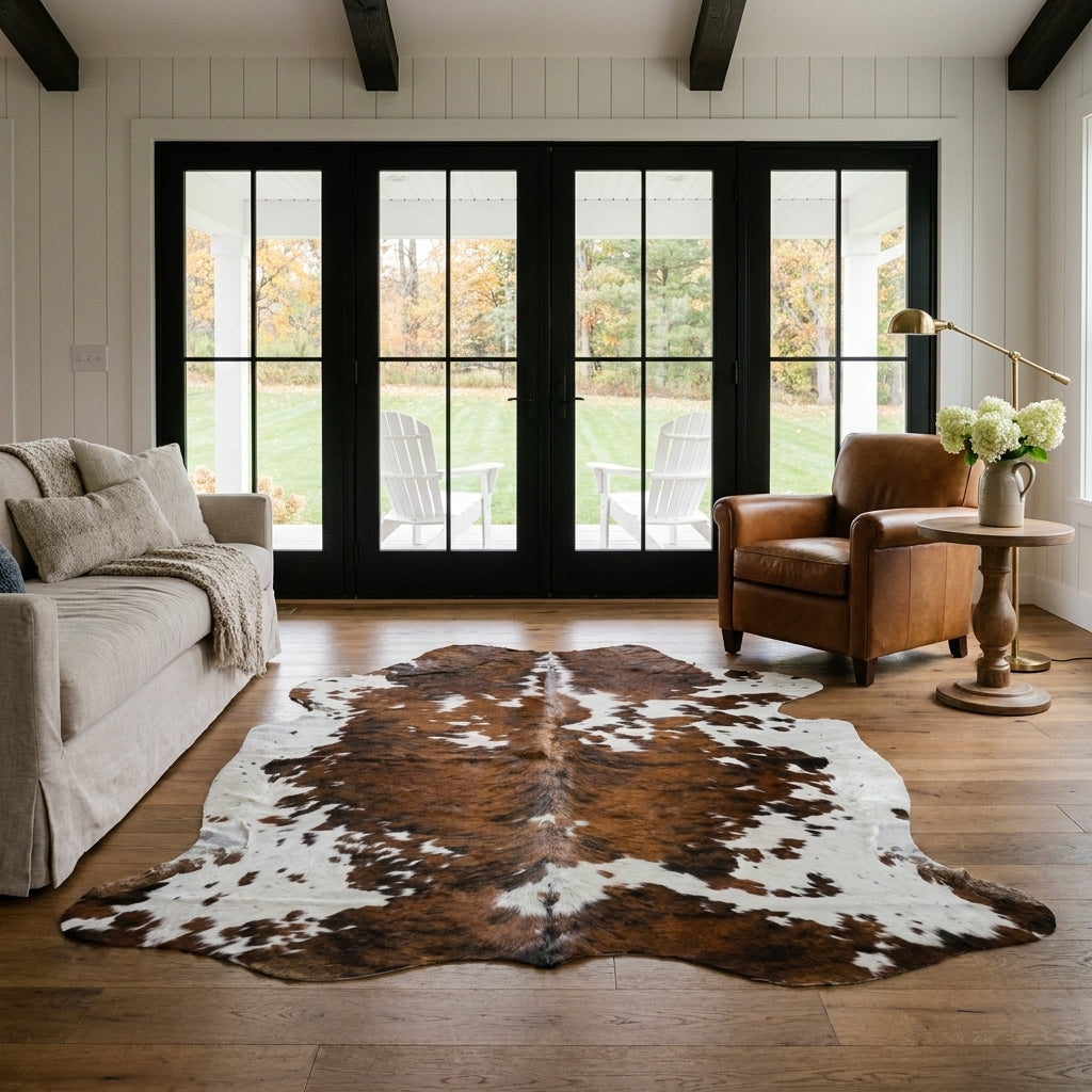 Tricolor cowhide rug CH-040 in a modern farmhouse living room with shiplap walls, black French doors to a porch, linen sofa and leather armchair