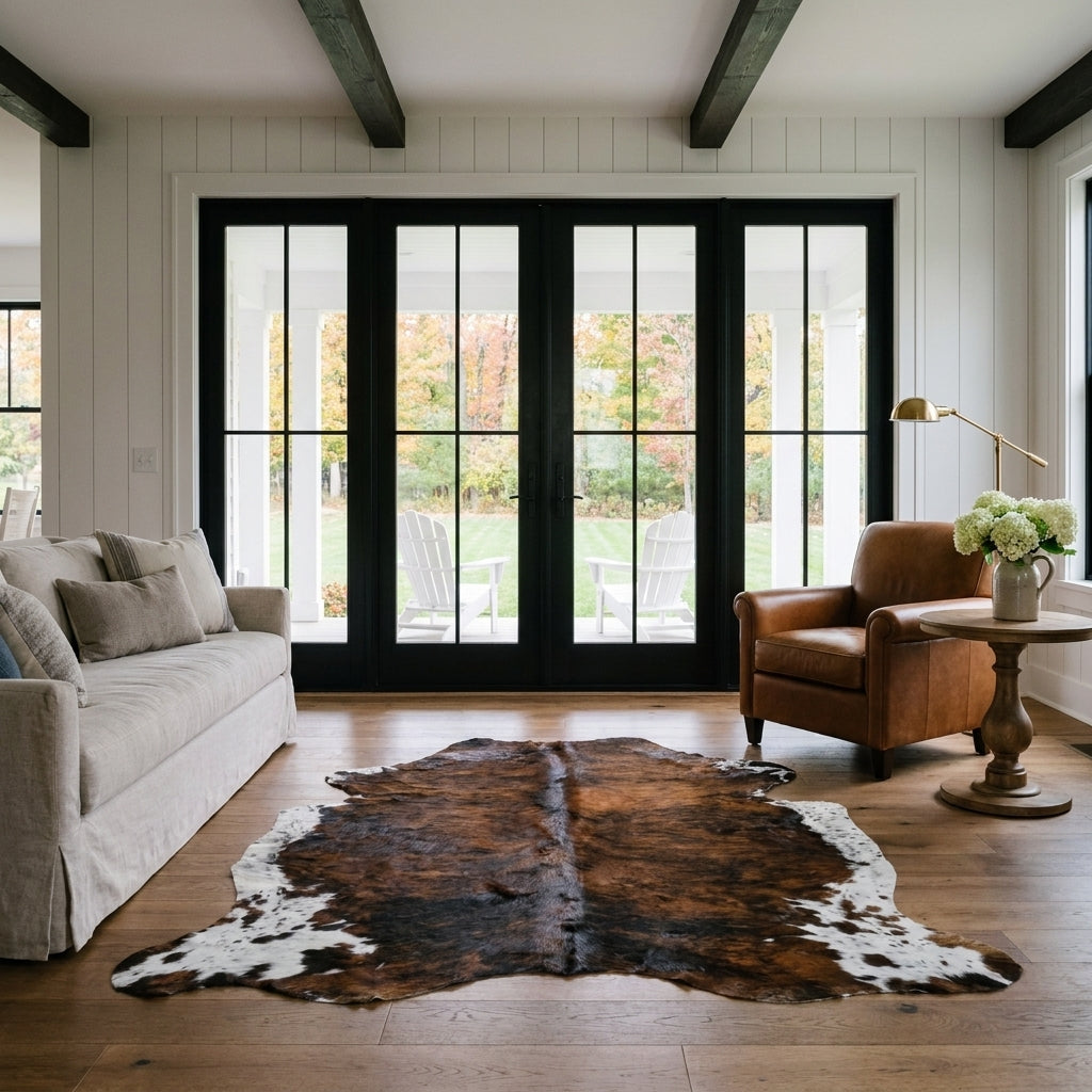 Tricolor cowhide rug CH-059 in a modern farmhouse living room with shiplap walls, black French doors to a porch, linen sofa and leather armchair