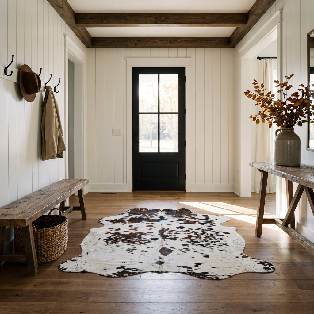 Tricolor cowhide rug CH-013 in a modern farmhouse entry hall with shiplap walls, a black front door, wooden bench and coat hooks