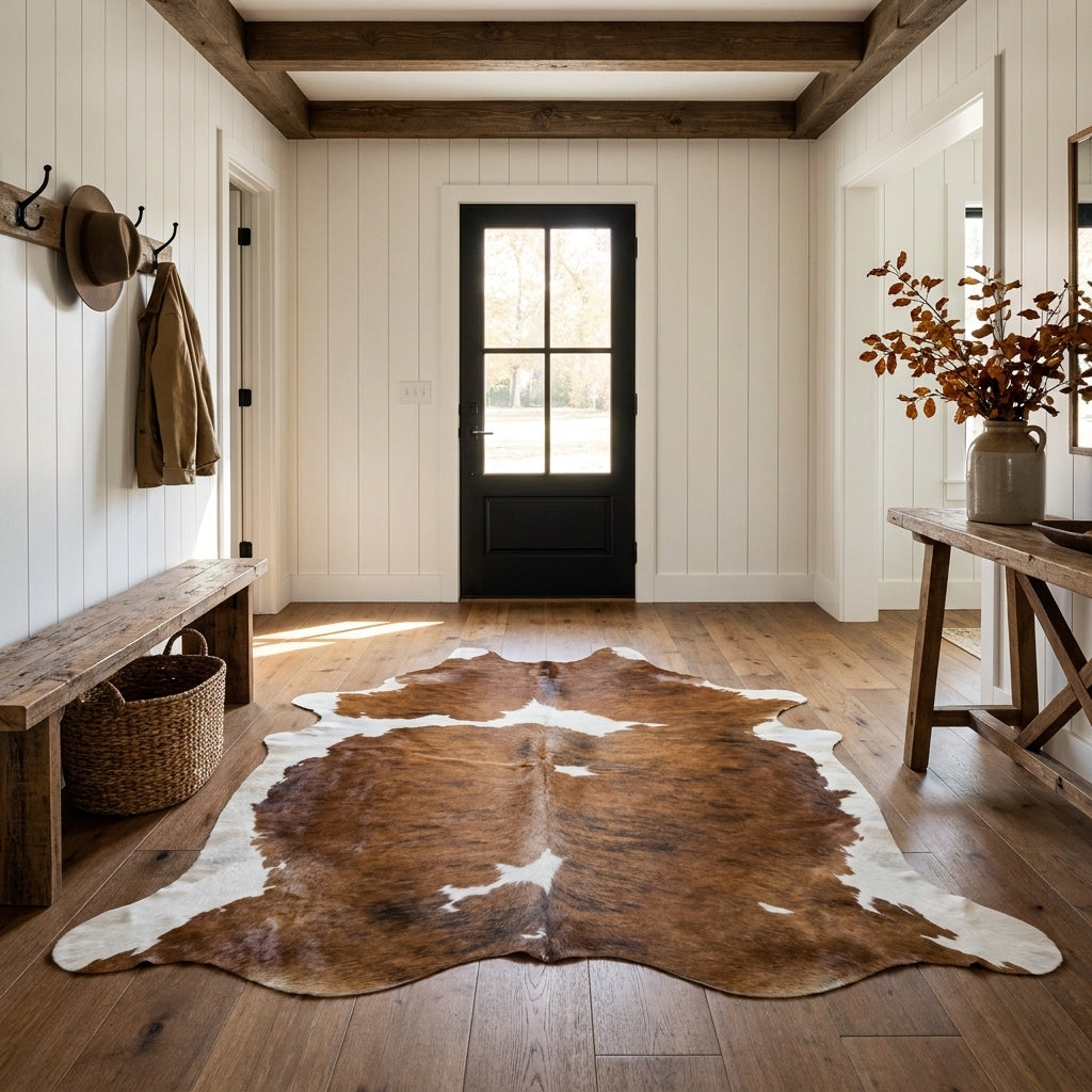Tricolor cowhide rug CH-020 in a modern farmhouse entry hall with shiplap walls, a black front door, wooden bench and coat hooks