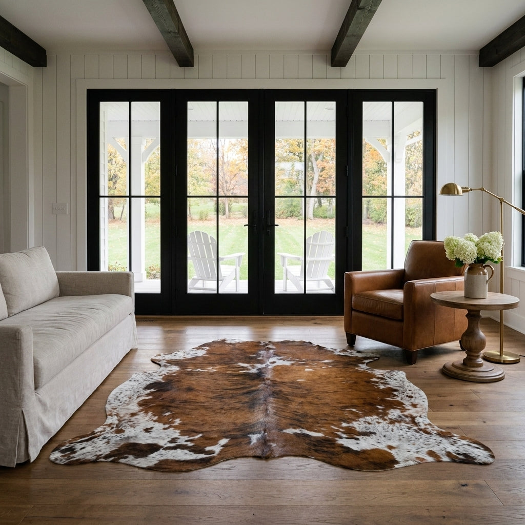 Tricolor cowhide rug CH-047 in a modern farmhouse living room with shiplap walls, black French doors to a porch, linen sofa and leather armchair