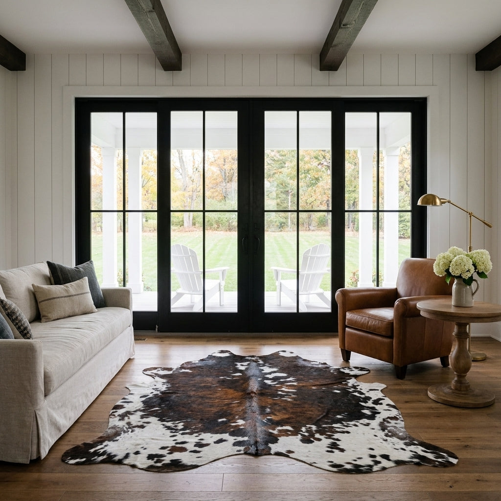 Tricolor cowhide rug CH-049 in a modern farmhouse living room with shiplap walls, black French doors to a porch, linen sofa and leather armchair