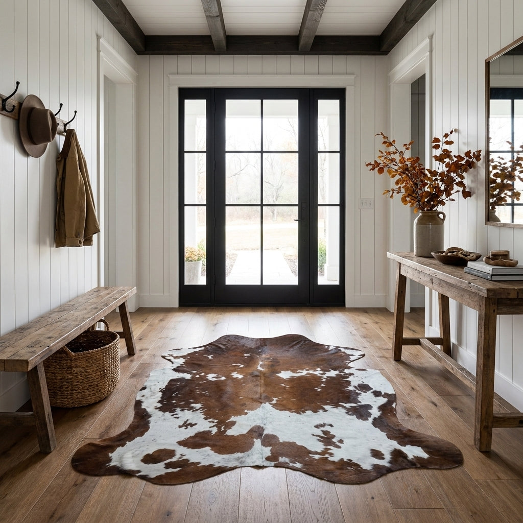 Tricolor cowhide rug CH-086 in a modern farmhouse entry hall with shiplap walls, a black front door, wooden bench and coat hooks