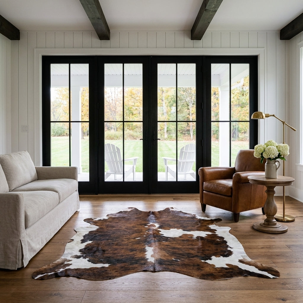 Tricolor cowhide rug CH-042 in a modern farmhouse living room with shiplap walls, black French doors to a porch, linen sofa and leather armchair