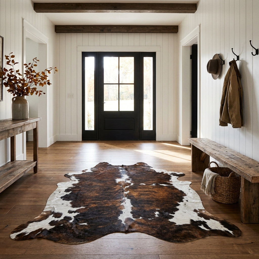 Tricolor cowhide rug CH-048 in a modern farmhouse entry hall with shiplap walls, a black front door, wooden bench and coat hooks