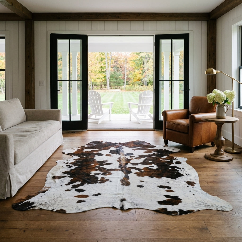Tricolor cowhide rug CH-023 in a modern farmhouse living room with shiplap walls, black French doors to a porch, linen sofa and leather armchair
