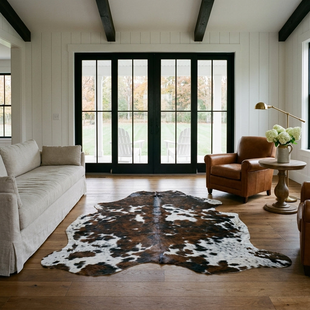 Tricolor cowhide rug CH-045 in a modern farmhouse living room with shiplap walls, black French doors to a porch, linen sofa and leather armchair