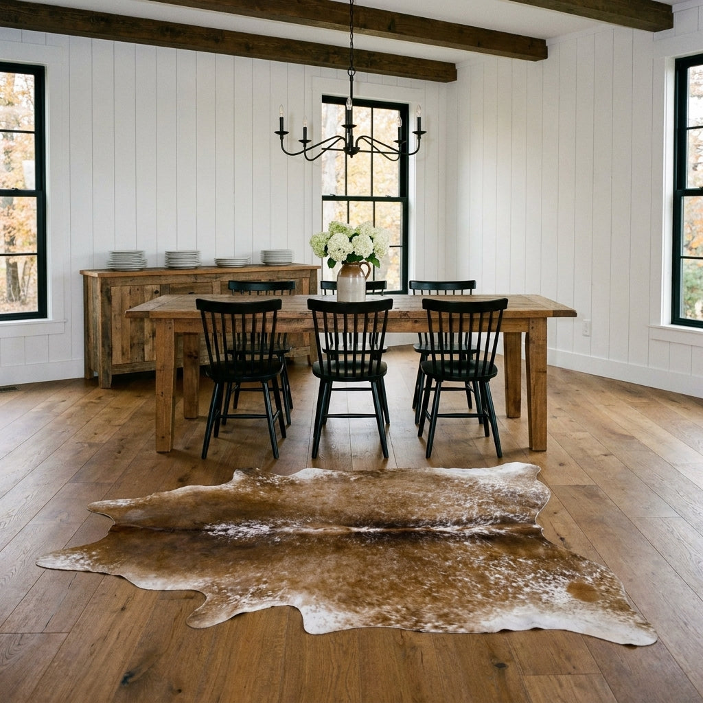Brown salt and pepper cowhide rug on the oak floor of a modern farmhouse dining room with a rustic wood table and black Windsor chairs
