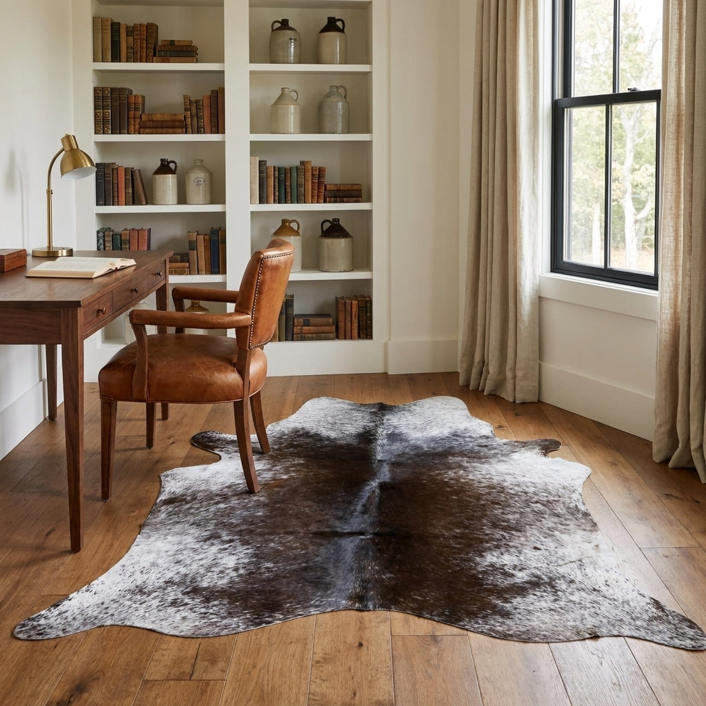 Black salt and pepper cowhide rug in a farmhouse home study with a walnut desk, leather chair and built-in bookshelves