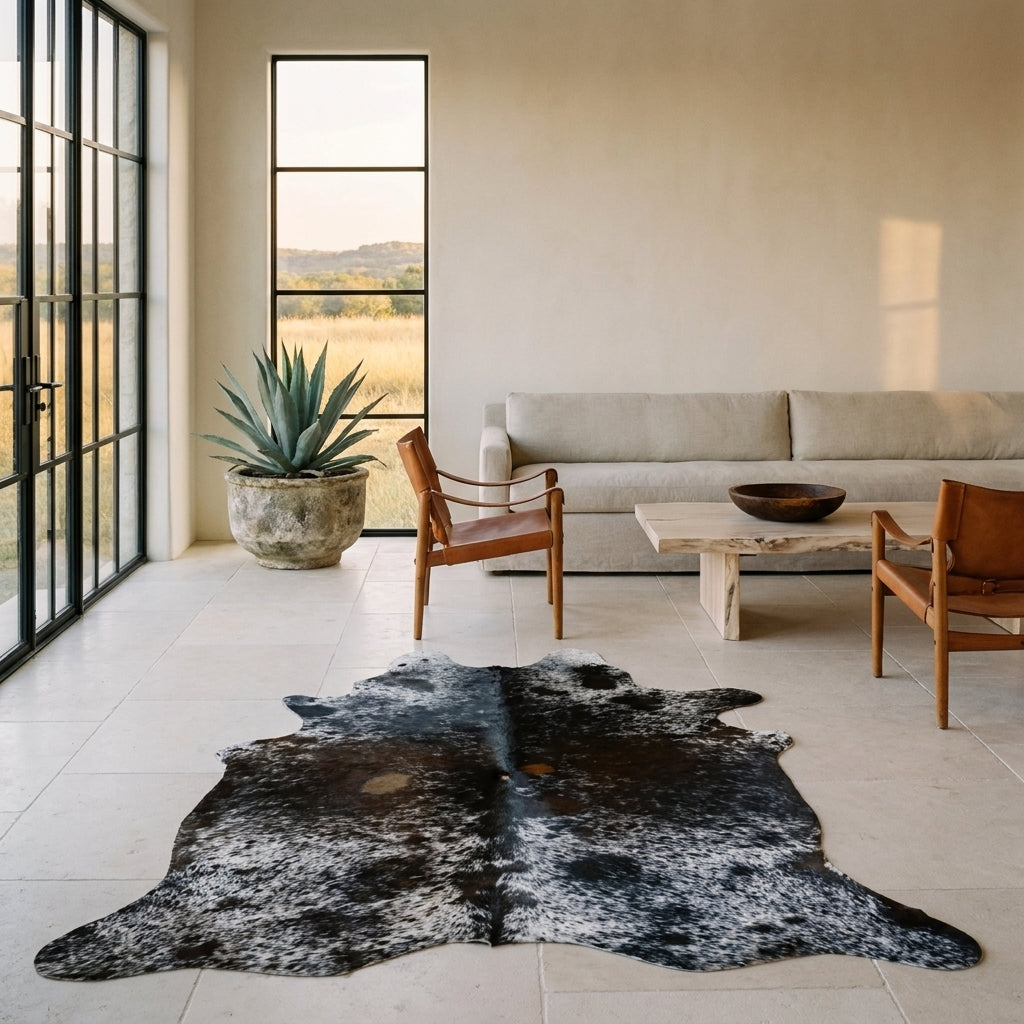 Deep charcoal salt and pepper cowhide rug on a limestone floor in a minimal Texas Hill Country living room with leather sling chairs