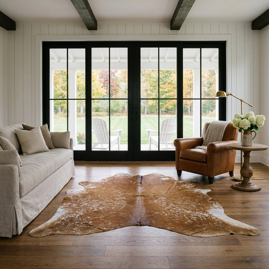Brown salt and pepper cowhide rug in a modern farmhouse living room with black French doors, linen sofa and leather club chair