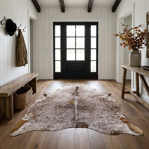 Brown salt and pepper cowhide rug on the oak floor of a modern farmhouse entry hall with a wooden bench and black front door