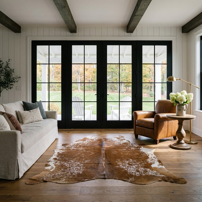 Brown salt and pepper cowhide rug in a modern farmhouse living room with black French doors, linen sofa and leather club chair