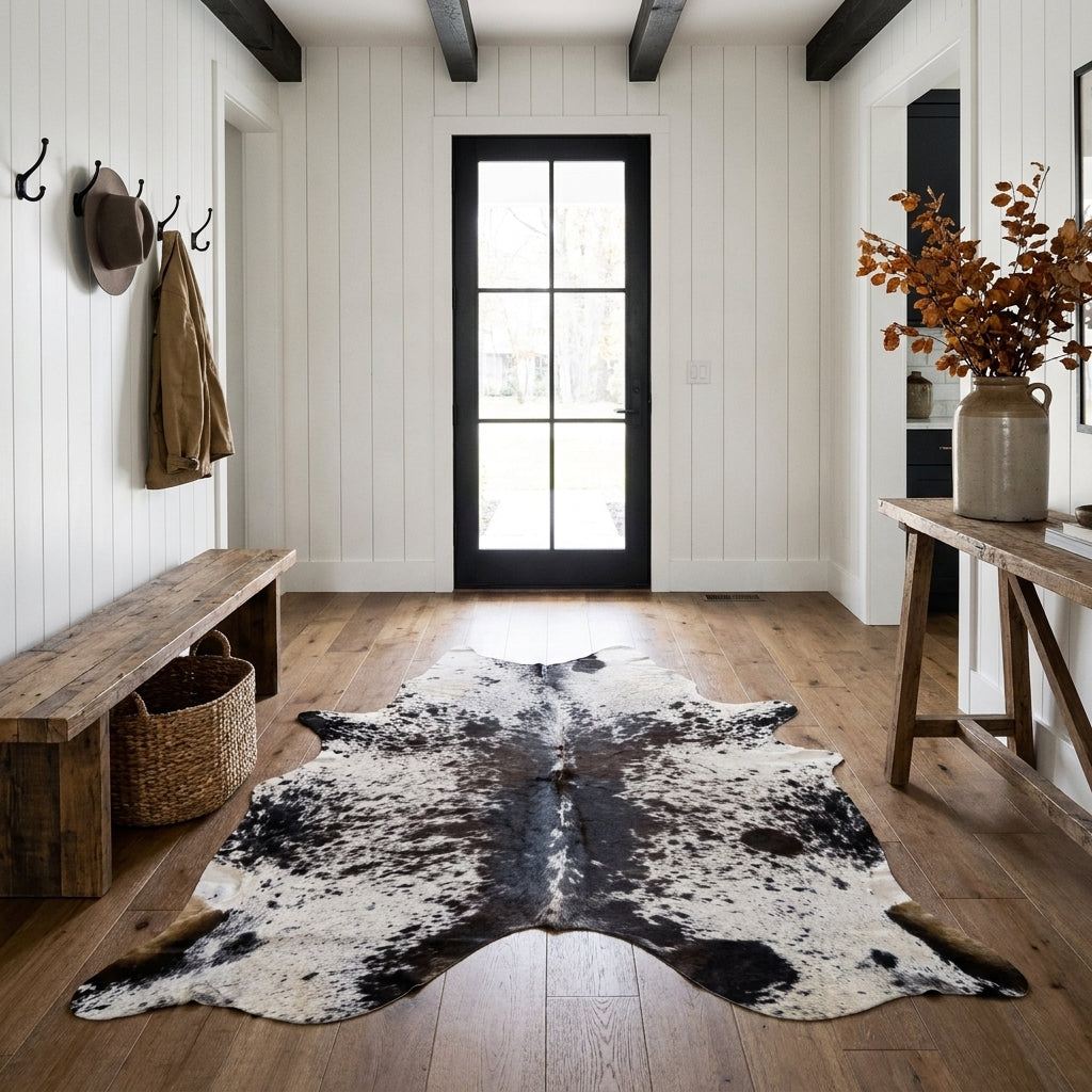 Black and white speckled cowhide rug on the oak floor of a modern farmhouse entry hall with a wooden bench and black front door
