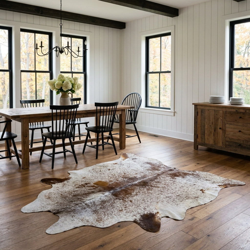 Brown salt and pepper cowhide rug on the oak floor of a modern farmhouse dining room with a rustic wood table and black Windsor chairs