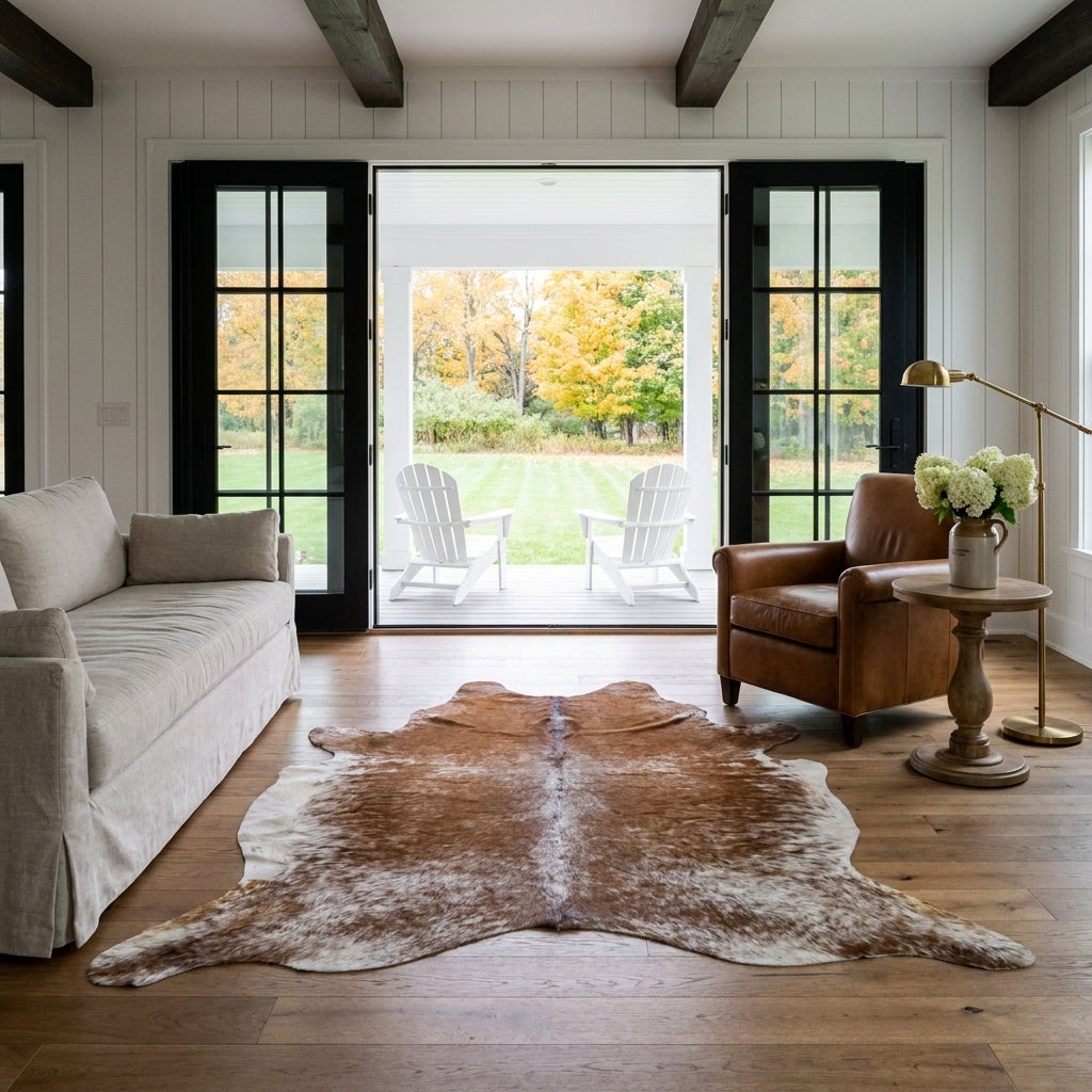Brown salt and pepper cowhide rug in a modern farmhouse living room with open black French doors, linen sofa and leather club chair